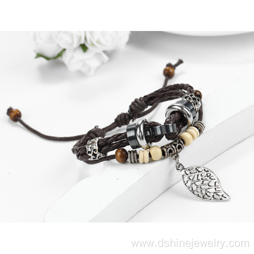 Handmade Weaved Alloy Leaf Pendant Leather Bracelet Men